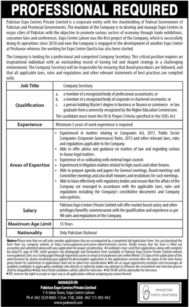 Company Secretary at Pakistan Expo Centres Pvt Ltd, Lahore (2024)