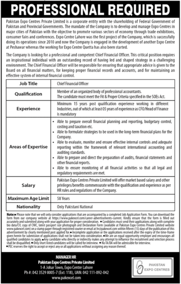 Chief Financial Officer (CFO) at Pakistan Expo Centres Pvt Ltd, Lahore