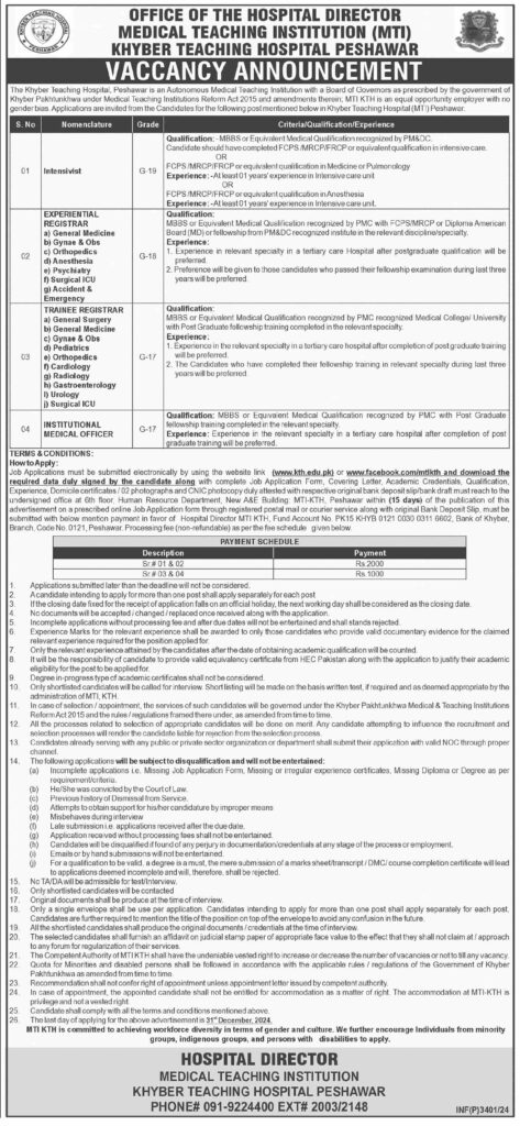 Job Vacancies at Khyber Teaching Hospital Peshawar – 2024