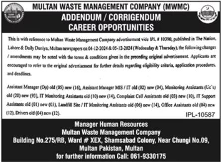 Positions Vacant at Multan Waste Management Company