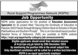 Education Assessment Specialist at Rural Support Programmes Network (RSPN)