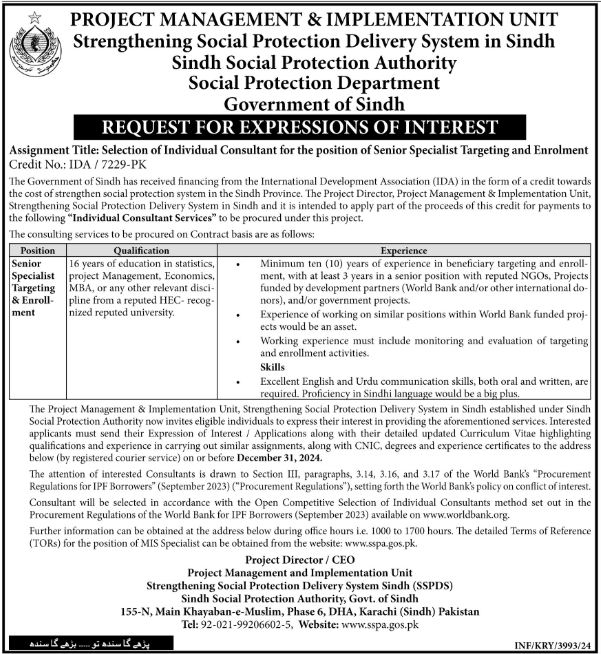 Sindh Social Protection Authority (SSPA) Karachi Job – Specialist Targeting Enrolment