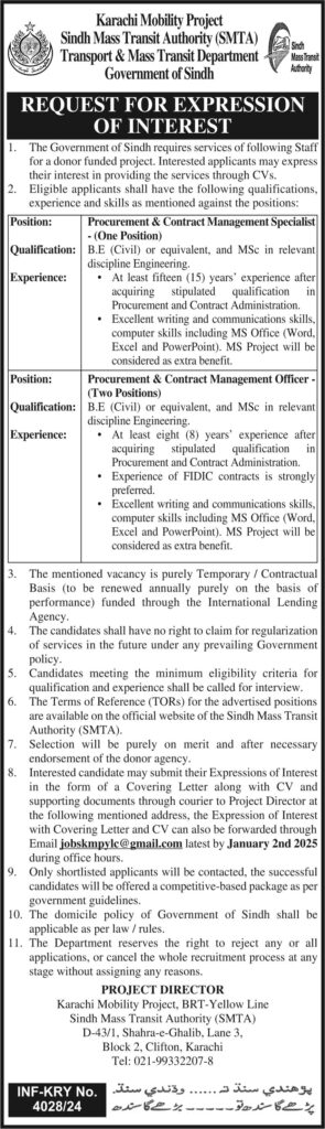 Sindh Mass Transit Authority (STMA) Jobs 2025