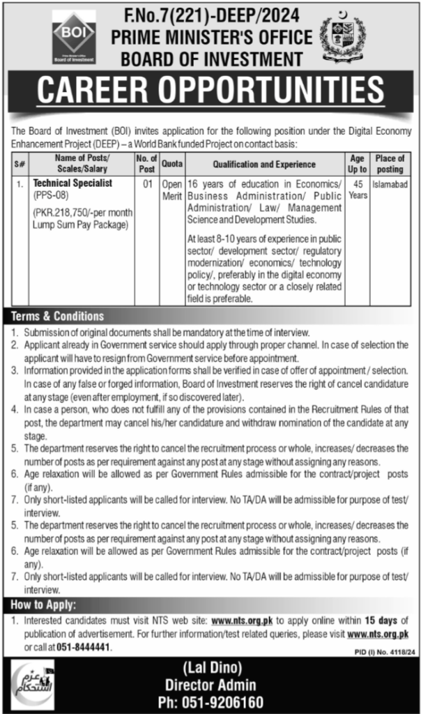 Technical Specialist at Prime Minister’s Office, Board of Investment