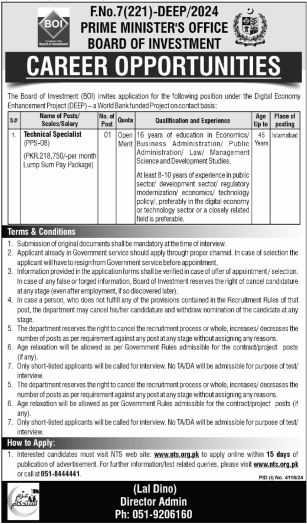 Technical Specialist at Prime Minister’s Office, Board of Investment (BOI)