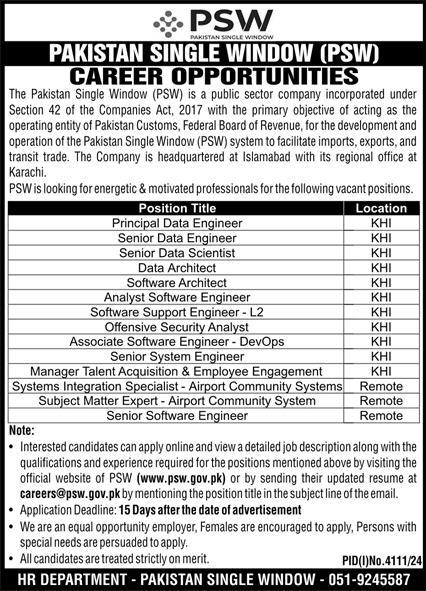 Pakistan Single Window PSW - Management Positions