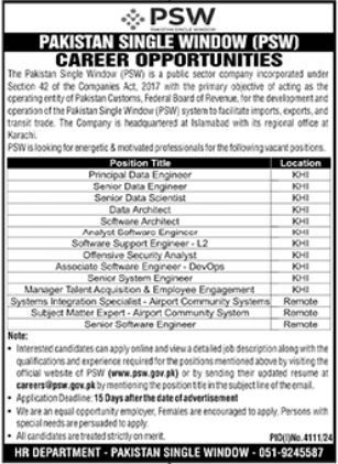 Pakistan Single Window PSW Jobs 2025 – Apply Online