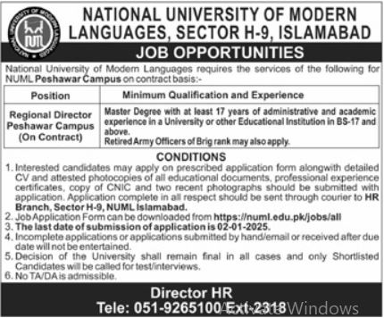 Regional Director at National University of Modern Languages (NUML), Peshawar Campus