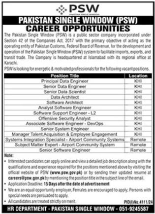 Job Positions at Pakistan Single Window (PSW) – Karachi, 2025