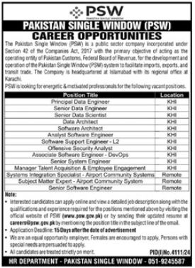 Job Opportunities at Pakistan Single Window (PSW) – Karachi, 2025