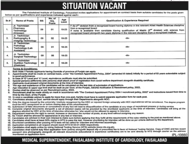 Multiple Positions at Faisalabad Institute of Cardiology (FIC)