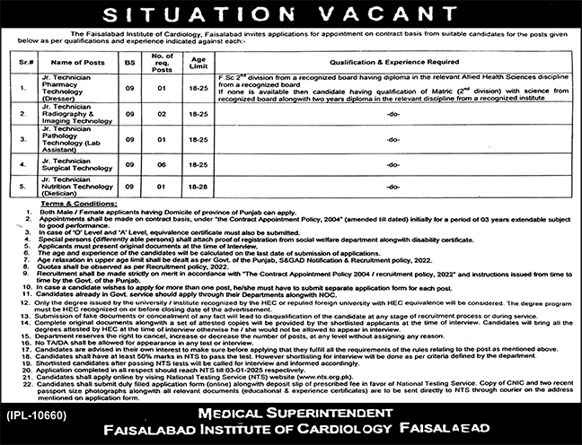 Vacancies at Faisalabad Institute of Cardiology (FIC)