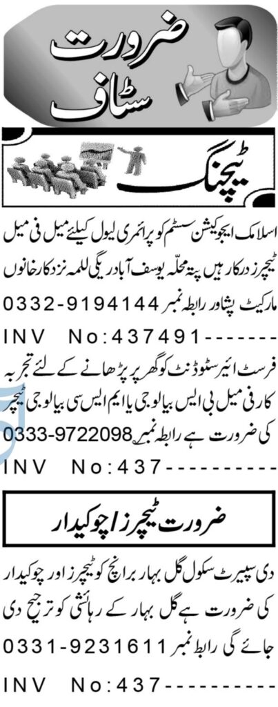 Biology Teacher & Chowkidar Jobs in Peshawar - 2025