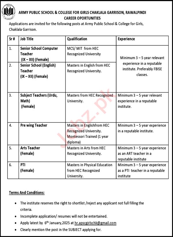 Teachers at Army Public School & College APS&C Rawalpindi