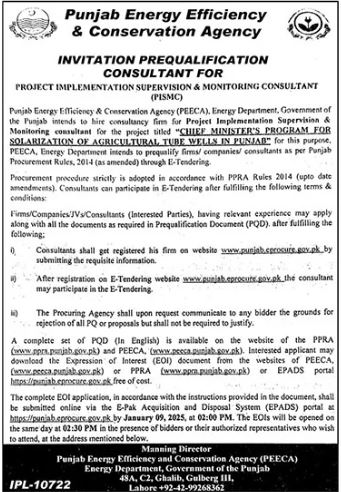 Consultant Job at Punjab Energy Efficiency and Conservation Agency (PEECA) – Lahore, Punjab, Pakistan