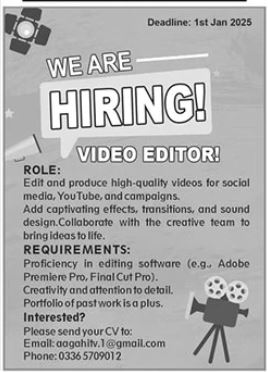 Video Editor Job 2025 at Private Company in Islamabad