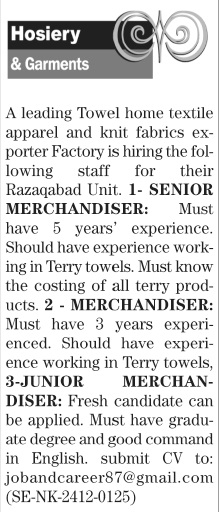 Hosiery Staff Opportunity in Karachi