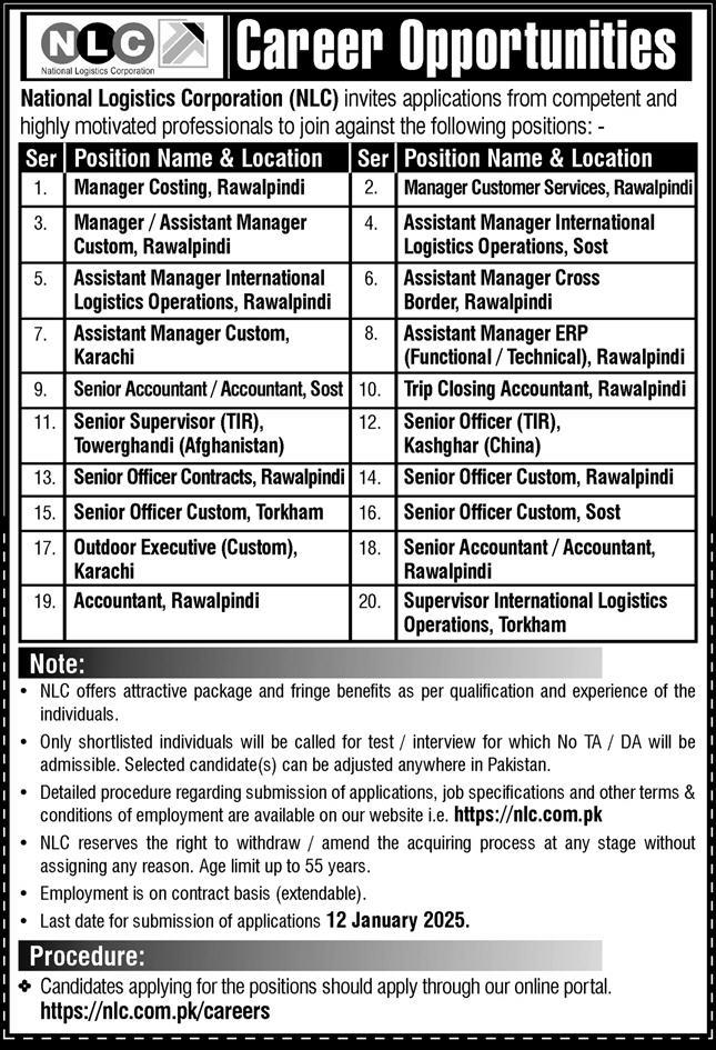 National Logistics Corporation (NLC) Islamabad Management Jobs