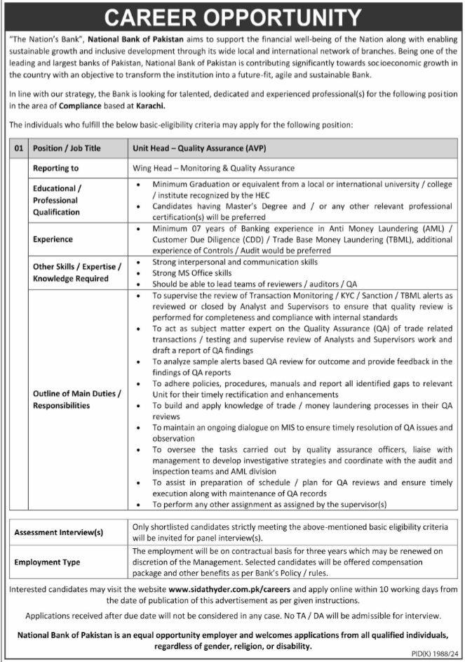 Unit Head Quality Assurance at National Bank of Pakistan (NBP), Karachi