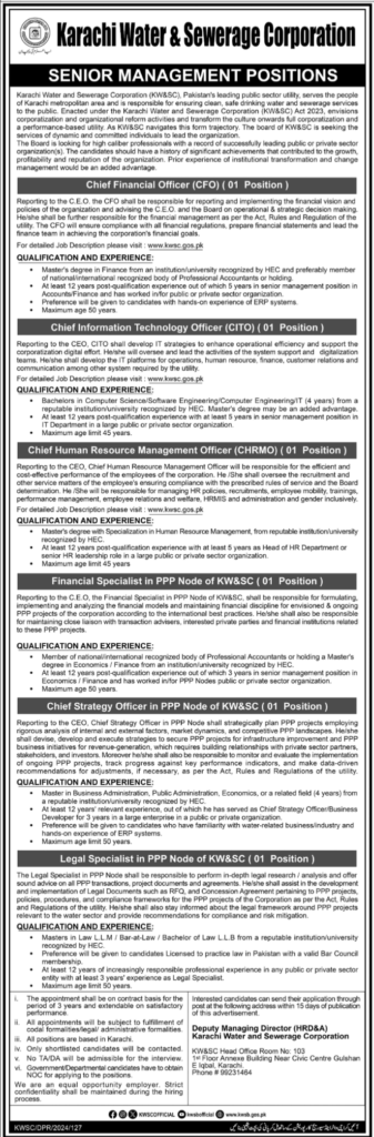 Various Management Positions at Karachi Water & Sewerage Corporation (KWSC)