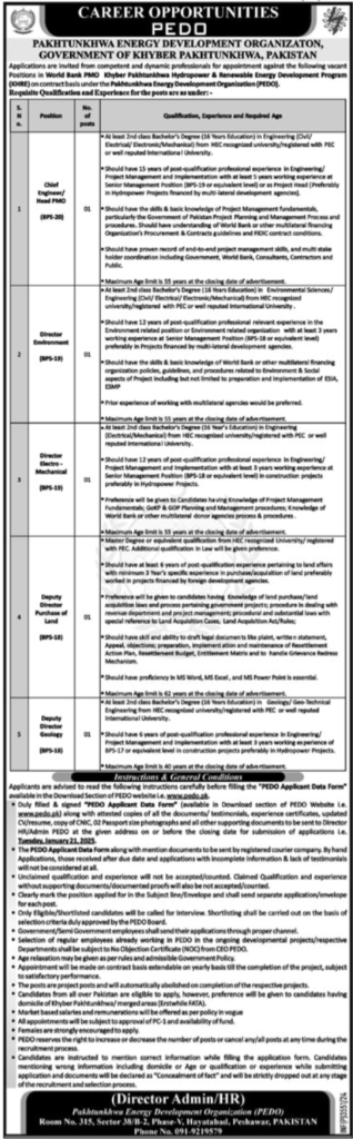 Pakhtunkhwa Energy Development Organization (PEDO) Jobs 2025