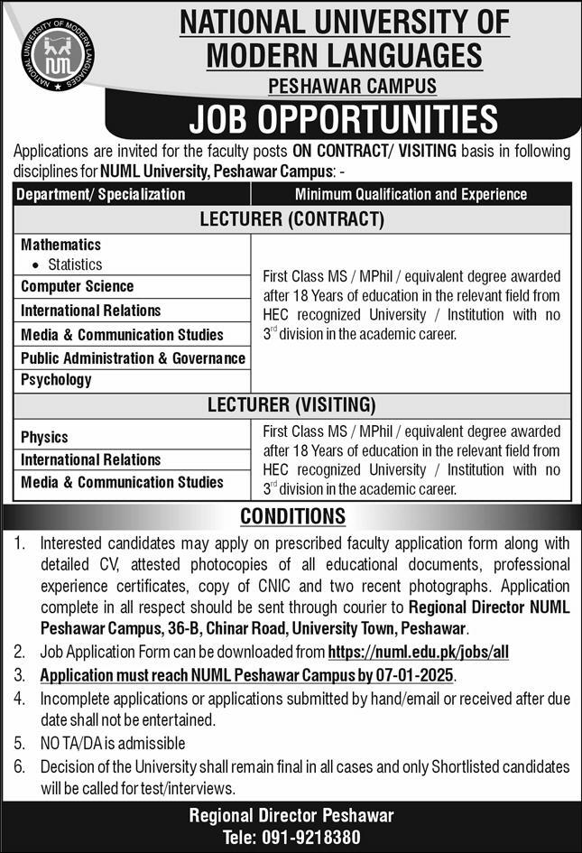 NUML University Peshawar Campus Jobs 2025 for Lecturers