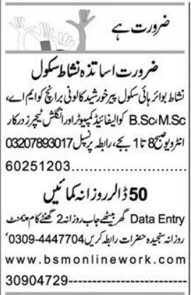 Computer Teacher and Data Entry Operator Jobs in Multan