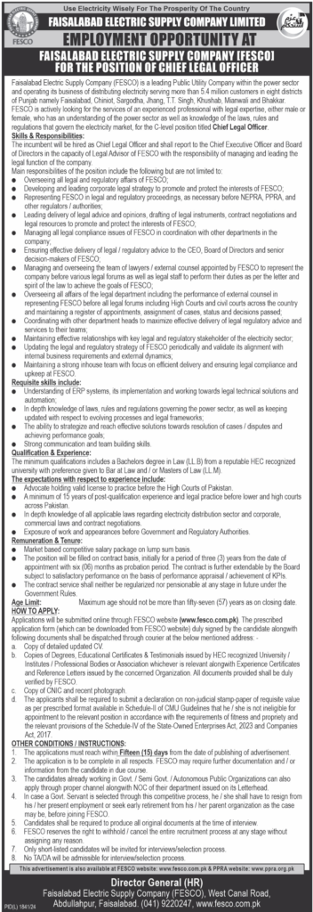 Chief Legal Officer at Faisalabad Electric Supply Company (FESCO)