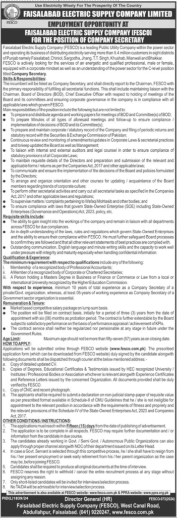 Company Secretary at Faisalabad Electric Supply Company Limited (FESCO)