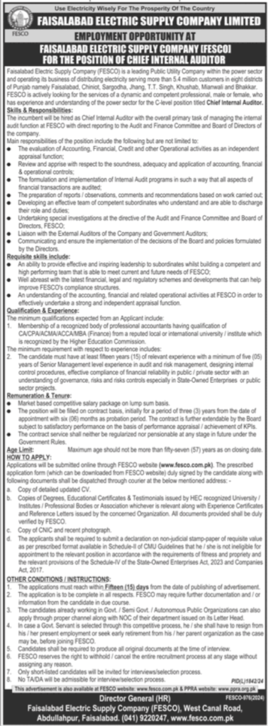 Chief Internal Auditor at Faisalabad Electric Supply Company Limited (FESCO)