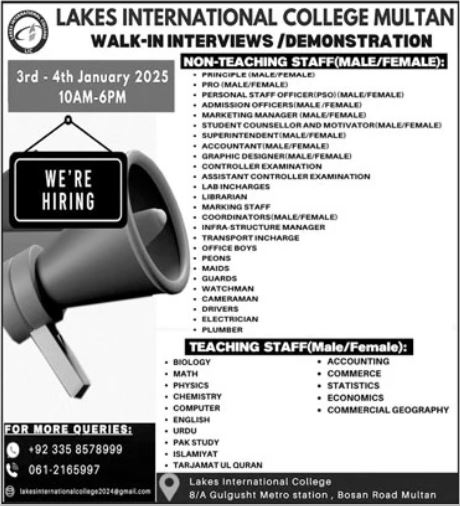 Multiple Positions Available (e.g., Accounting Teacher, Principal, Coordinator, Computer Teacher, Student Counsellor, etc.)