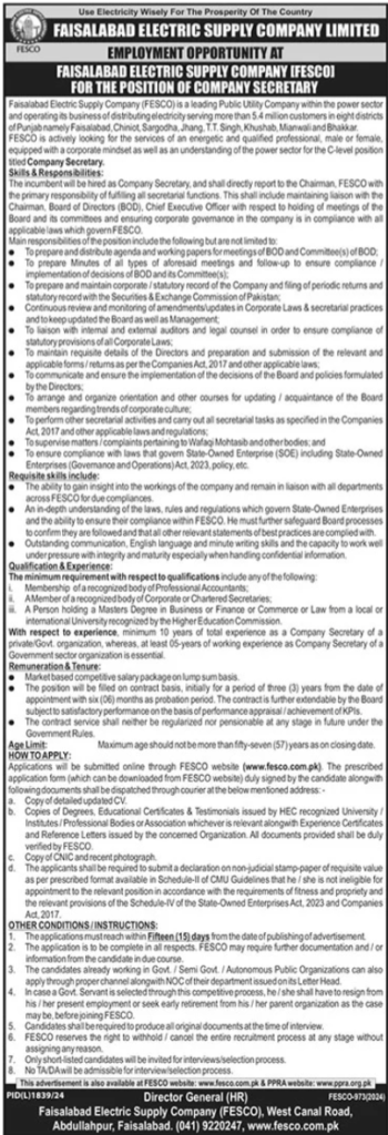 Company Secretary at Faisalabad Electric Supply Company Limited (FESCO)